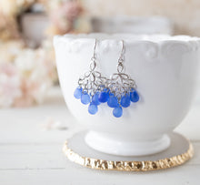 Load image into Gallery viewer, Sapphire Blue Glass drops Earrings, Silver Chandelier Earrings, Silver Filigree Earrings, Fan Shaped Earrings, September Birthstone
