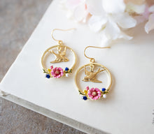 Load image into Gallery viewer, Pink Blue Enamel Flowers Gold Brass Swallow Bird  Hoop Earrings, Enameled Jewelry, Bird Earrings, Gift for Girls, Gift for Girlfriend Wife
