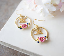 Load image into Gallery viewer, Pink Blue Enamel Flowers Gold Brass Swallow Bird  Hoop Earrings, Enameled Jewelry, Bird Earrings, Gift for Girls, Gift for Girlfriend Wife
