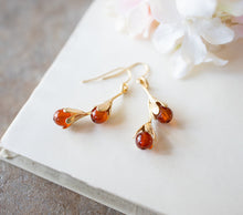 Load image into Gallery viewer, Carnelian Earrings, Gold Flower Bud Earrings, Orange Natural Gemstone Carnelian Jewelry, Fall Autumn Earrings, Christmas Gift for Mom Wife
