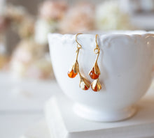 Load image into Gallery viewer, Carnelian Earrings, Gold Flower Bud Earrings, Orange Natural Gemstone Carnelian Jewelry, Fall Autumn Earrings, Christmas Gift for Mom Wife
