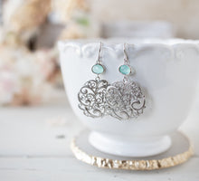 Load image into Gallery viewer, Mint Blue Crystal Silver Filigree Earrings
