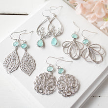 Load image into Gallery viewer, light blue crystal silver filigree earrings
