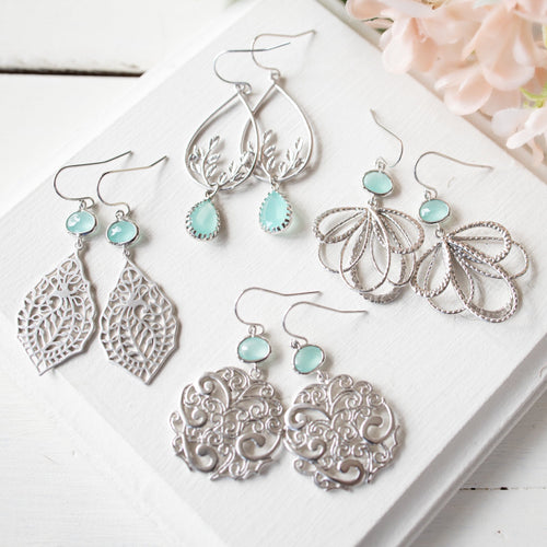 light blue crystal silver filigree earrings