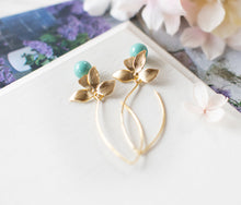 Load image into Gallery viewer, Turquoise Blue Pearl Gold Orchid Flower Earrings, Long Dangle, Robin Egg Blue, Gift for Women Wife Sister Girlfriend Mom, Bridesmaid gift
