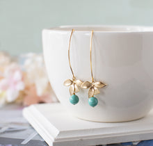 Load image into Gallery viewer, Turquoise Blue Pearl Gold Orchid Flower Earrings, Long Dangle, Robin Egg Blue, Gift for Women Wife Sister Girlfriend Mom, Bridesmaid gift
