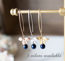 Load image into Gallery viewer, Dark Blue Navy Blue Pearl Earrings, Silver Orchid Flower Long Earrings, Navy Blue Wedding Jewelry, Bridesmaid Gift, Gift for Mom Wife Sister
