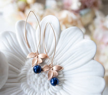 Load image into Gallery viewer, Rose Gold Flower Navy Blue Pearl Long Dangle Earrings, Dark Blue Pearl Drop Earrings, Rose gold Jewelry, Navy Blue Wedding Bridesmaid Gift
