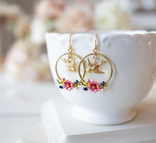 Load image into Gallery viewer, Pink Blue Enamel Flowers Gold Brass Swallow Bird  Hoop Earrings, Enameled Jewelry, Bird Earrings, Gift for Girls, Gift for Girlfriend Wife
