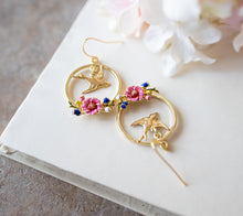 Load image into Gallery viewer, Pink Blue Enamel Flowers Gold Brass Swallow Bird  Hoop Earrings, Enameled Jewelry, Bird Earrings, Gift for Girls, Gift for Girlfriend Wife
