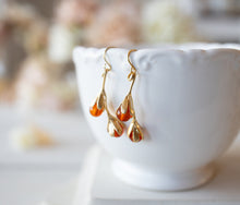 Load image into Gallery viewer, Carnelian Earrings, Gold Flower Bud Earrings, Orange Natural Gemstone Carnelian Jewelry, Fall Autumn Earrings, Christmas Gift for Mom Wife
