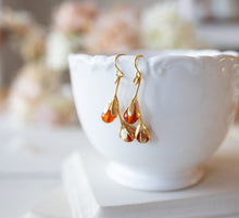 Load image into Gallery viewer, Carnelian Earrings, Gold Flower Bud Earrings, Orange Natural Gemstone Carnelian Jewelry, Fall Autumn Earrings, Christmas Gift for Mom Wife
