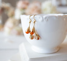 Load image into Gallery viewer, Carnelian Earrings, Gold Flower Bud Earrings, Orange Natural Gemstone Carnelian Jewelry, Fall Autumn Earrings, Christmas Gift for Mom Wife
