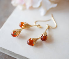 Load image into Gallery viewer, Carnelian Earrings, Gold Flower Bud Earrings, Orange Natural Gemstone Carnelian Jewelry, Fall Autumn Earrings, Christmas Gift for Mom Wife
