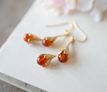 Load image into Gallery viewer, Carnelian Earrings, Gold Flower Bud Earrings, Orange Natural Gemstone Carnelian Jewelry, Fall Autumn Earrings, Christmas Gift for Mom Wife
