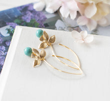 Load image into Gallery viewer, Turquoise Blue Pearl Gold Orchid Flower Earrings, Long Dangle, Robin Egg Blue, Gift for Women Wife Sister Girlfriend Mom, Bridesmaid gift
