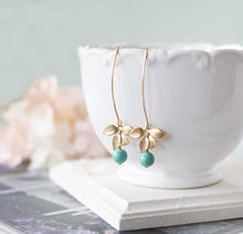 Load image into Gallery viewer, Turquoise Blue Pearl Gold Orchid Flower Earrings, Long Dangle, Robin Egg Blue, Gift for Women Wife Sister Girlfriend Mom, Bridesmaid gift
