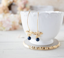 Load image into Gallery viewer, Gold Flower Navy Blue Pearl Dangle Earrings, Dark Blue Pearl Drop Earrings, Navy Blue Wedding Bridesmaid Gift, Christmas Gift for Wife Mom
