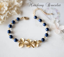 Load image into Gallery viewer, Gold Flower Navy Blue Pearl Dangle Earrings, Dark Blue Pearl Drop Earrings, Navy Blue Wedding Bridesmaid Gift, Christmas Gift for Wife Mom
