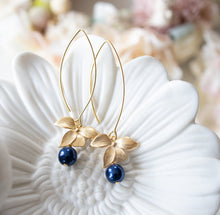 Load image into Gallery viewer, Gold Flower Navy Blue Pearl Dangle Earrings, Dark Blue Pearl Drop Earrings, Navy Blue Wedding Bridesmaid Gift, Christmas Gift for Wife Mom
