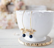 Load image into Gallery viewer, Gold Flower Navy Blue Pearl Dangle Earrings, Dark Blue Pearl Drop Earrings, Navy Blue Wedding Bridesmaid Gift, Christmas Gift for Wife Mom
