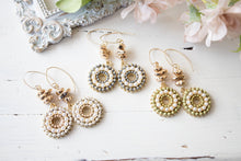 Load image into Gallery viewer, Crystals and Pearls Paved Circle Pendant Earrings, Gold Nugget Beaded Earrings, Bohemian Earrings, Bohemian Boho Wedding Jewelry
