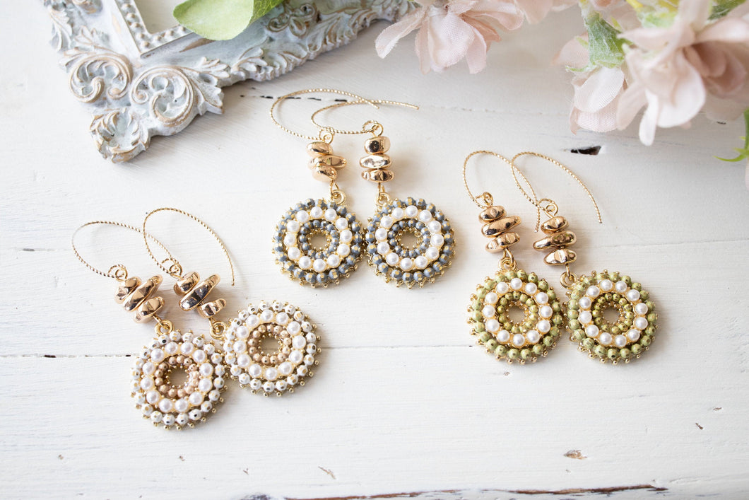 Crystals and Pearls Paved Circle Pendant Earrings, Gold Nugget Beaded Earrings, Bohemian Earrings, Bohemian Boho Wedding Jewelry