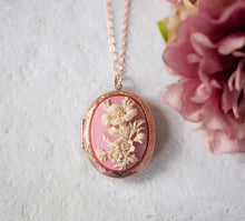 Load image into Gallery viewer, Rose Gold Locket Necklace with Pink Ivory Floral Cameo and Persoanlized Photos, Large Rose Gold Oval Locket Necklace, Gift for mom Wife
