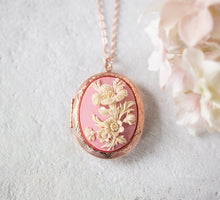 Load image into Gallery viewer, Rose Gold Locket Necklace with Pink Ivory Floral Cameo and Persoanlized Photos, Large Rose Gold Oval Locket Necklace, Gift for mom Wife
