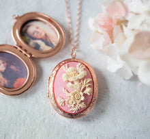 Load image into Gallery viewer, Rose Gold Locket Necklace with Pink Ivory Floral Cameo and Persoanlized Photos, Large Rose Gold Oval Locket Necklace, Gift for mom Wife
