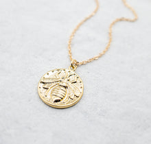 Load image into Gallery viewer, Gold Bee Pendant Necklace, Bee Charm Necklace, Bee Jewelry, Coin Necklace, Medallion Necklace, Gift for Bee Lover, Gift for Her
