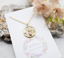 Load image into Gallery viewer, Gold Bee Pendant Necklace, Bee Charm Necklace, Bee Jewelry, Coin Necklace, Medallion Necklace, Gift for Bee Lover, Gift for Her
