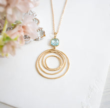 Load image into Gallery viewer, Aquamarine Blue Crystal Gold Circle Pendant Necklace. Light Blue Stone Necklace, March Birthstone Jewelry, Gift for Her, Gift for Women
