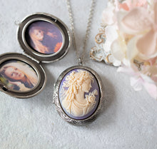 Load image into Gallery viewer, Large Silver Locket Necklace, Lavender Purple Ivory Lady Cameo Locket with Perosnalized Photos, Gift for Mom Daughter Grandma Girlfriend
