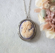 Load image into Gallery viewer, Large Silver Locket Necklace, Lavender Purple Ivory Lady Cameo Locket with Perosnalized Photos, Gift for Mom Daughter Grandma Girlfriend
