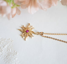 Load image into Gallery viewer, Gold Sun Necklace, Sunburst Necklace, Ruby Cubic Zirconia Necklace, inspirational necklace, celestial necklace, Gift for Her for Women
