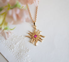 Load image into Gallery viewer, Gold Sun Necklace, Sunburst Necklace, Ruby Cubic Zirconia Necklace, inspirational necklace, celestial necklace, Gift for Her for Women
