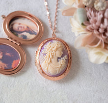 Load image into Gallery viewer, Rose Gold Oval Locket Necklace with Purple Lavender Lady Cameo, Cameo Locket Necklace with Photos, Personalized Jewelry, Gift for Mom Wife
