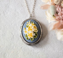 Load image into Gallery viewer, Silver Locket Necklace with Personalized Photos, Oval Locket Necklace, Gift for Mom Grandma Wife, Yellow Flower Bouquet Blue Cameo Necklace
