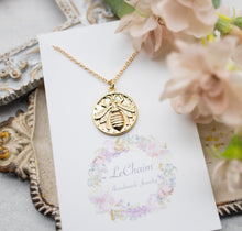 Load image into Gallery viewer, Gold Bee Pendant Necklace, Bee Charm Necklace, Bee Jewelry, Coin Necklace, Medallion Necklace, Gift for Bee Lover, Gift for Her
