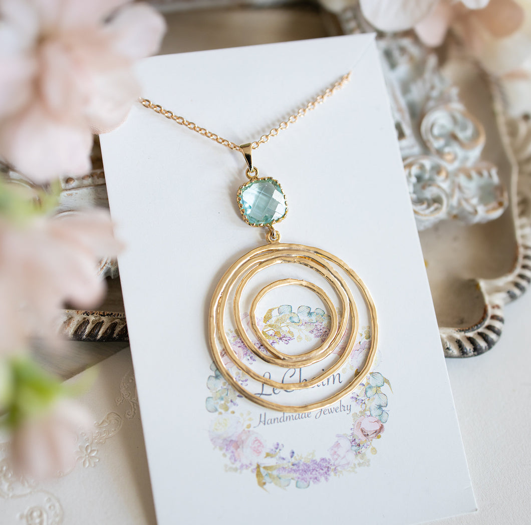 Aquamarine Blue Crystal Gold Circle Pendant Necklace. Light Blue Stone Necklace, March Birthstone Jewelry, Gift for Her, Gift for Women