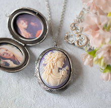 Load image into Gallery viewer, Large Silver Locket Necklace, Lavender Purple Ivory Lady Cameo Locket with Perosnalized Photos, Gift for Mom Daughter Grandma Girlfriend
