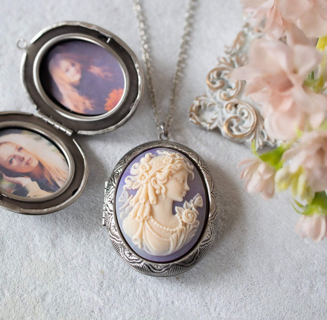 Large Silver Locket Necklace, Lavender Purple Ivory Lady Cameo Locket with Perosnalized Photos, Gift for Mom Daughter Grandma Girlfriend