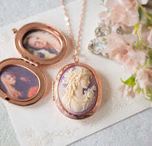 Load image into Gallery viewer, Rose Gold Oval Locket Necklace with Purple Lavender Lady Cameo, Cameo Locket Necklace with Photos, Personalized Jewelry, Gift for Mom Wife
