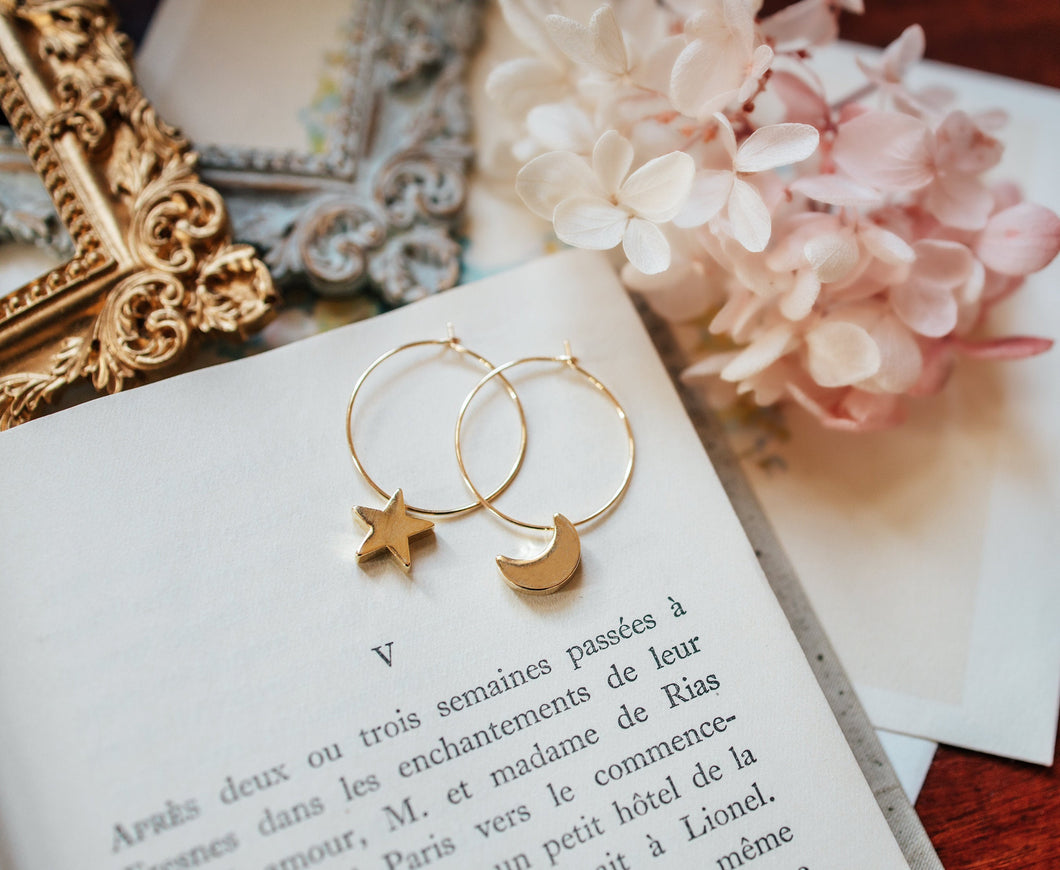 Moon and Star Earrings, Gold Moon Earrings, Gold Star Earrings, Celestial Jewelry, Gold Hoop Earrings, Gift for Mom Daughter Girlfriend Wife