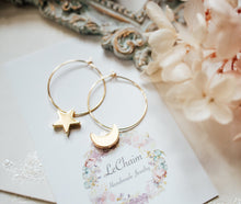 Load image into Gallery viewer, Moon and Star Earrings, Gold Moon Earrings, Gold Star Earrings, Celestial Jewelry, Gold Hoop Earrings, Gift for Mom Daughter Girlfriend Wife
