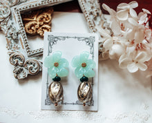 Load image into Gallery viewer, Mint Green Flower German Vintage Lucite Beads Post Earrings, Soft Green Dark Green Gold Black Speckled Beads Dangle Earrings, Gift for Her
