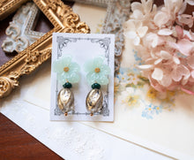 Load image into Gallery viewer, Mint Green Flower German Vintage Lucite Beads Post Earrings, Soft Green Dark Green Gold Black Speckled Beads Dangle Earrings, Gift for Her
