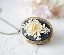 Load image into Gallery viewer, Personalized Photo Locket Necklace, Black and Ivory Flower Cameo Pendant, Vintage Style Antique Gold Oval Locket, Christmas Gift for  Her
