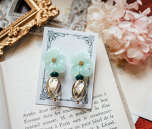 Load image into Gallery viewer, Mint Green Flower German Vintage Lucite Beads Post Earrings, Soft Green Dark Green Gold Black Speckled Beads Dangle Earrings, Gift for Her
